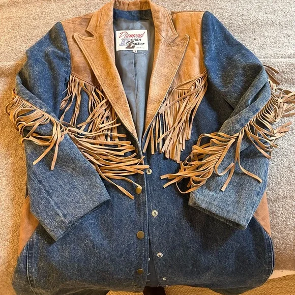 Denim and Tan Fringe Women's Coat - Picture 7 of 10